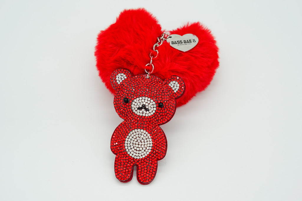 Red Plush Rhinestone Icy Bear Keychain with fluffy faux rabbit fur heart 